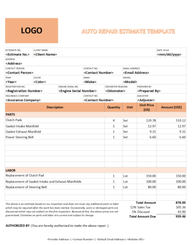 Free Auto Repair Estimate Template
