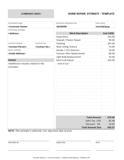 Free Home Repair Estimate Template v2