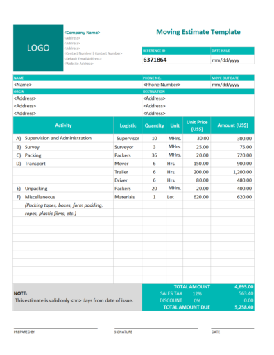 Free Moving Estimate Template