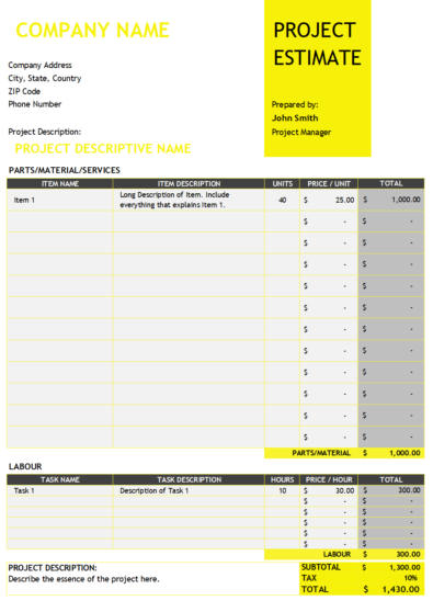 Free Project Estimate Template