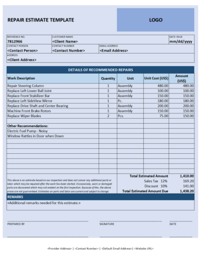 Free Repair Estimate Template