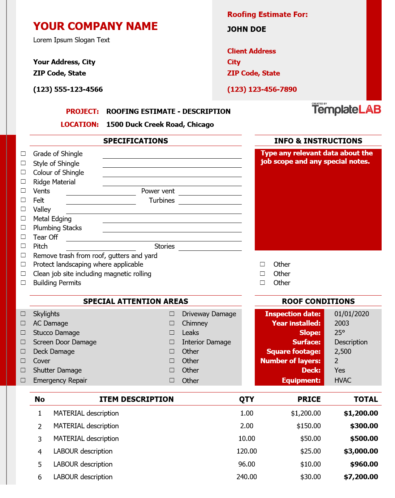 Free Roofing Estimate Template