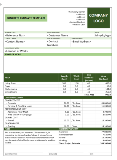 Free Concrete Estimate Template