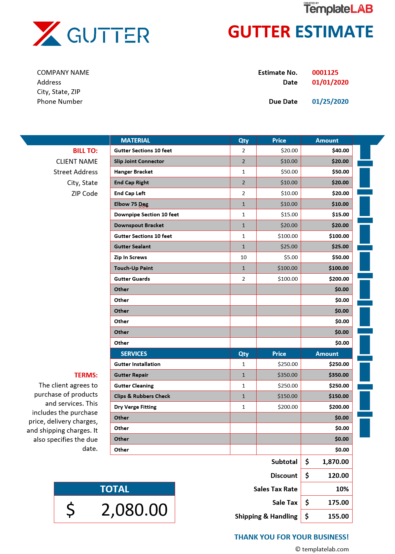 Free Gutter Estimate Template