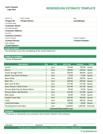 Free Remodeling Estimate Template